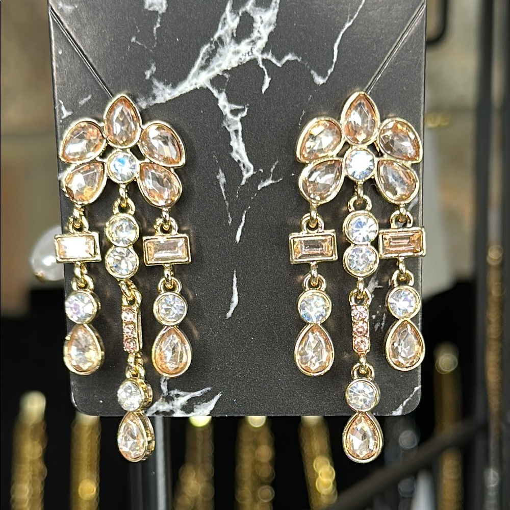 Gold and Pink Chandelier Earrings with Floral Design